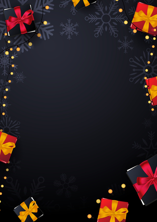 Marry Christmas and Happy New Year poster on red background with gift boxes. Vector illustrationのイラスト素材