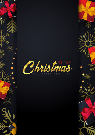 Marry Christmas and Happy New Year poster and banner on dark background with gift boxes. Vector illustrationのイラスト素材