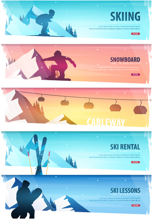 Winter Sport. Cableway. Ski Pass. Set of Ski horizontal banner. Vector illustrationのイラスト素材