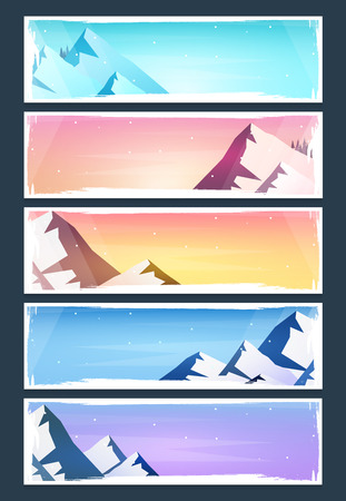 Set of Nature landscape backgrounds with silhouettes of mountains and trees. Vector Illustrationのイラスト素材