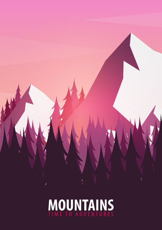 Mountains Poster. Nature landscape background with silhouettes of mountains and trees. Vector Illustrationのイラスト素材
