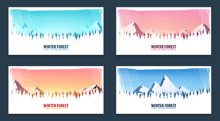 Set of Nature landscape backgrounds with silhouettes of mountains and trees. Vector Illustrationのイラスト素材