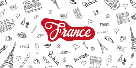 France and Paris Hand drawn travel doodles. Vector illustrationのイラスト素材