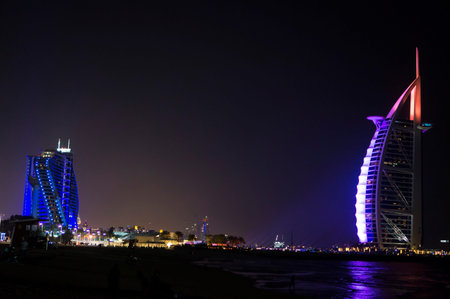 DUBAI, UNITED ARAB EMIRATES, UAE - JANUARY 19, 2018. Dubai. Burj Al Arab at the night, Luxury 7 Stars Hotel Beautiful Buildingのeditorial素材