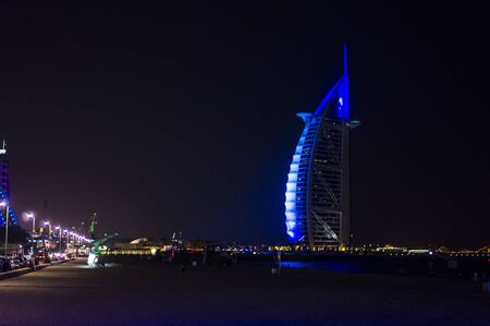 DUBAI, UNITED ARAB EMIRATES, UAE - JANUARY 19, 2018. Dubai. Burj Al Arab at the night, Luxury 7 Stars Hotel Beautiful Buildingのeditorial素材