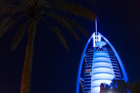 DUBAI, UNITED ARAB EMIRATES, UAE - JANUARY 19, 2018. Dubai. Burj Al Arab at the night, Luxury 7 Stars Hotel Beautiful Buildingのeditorial素材