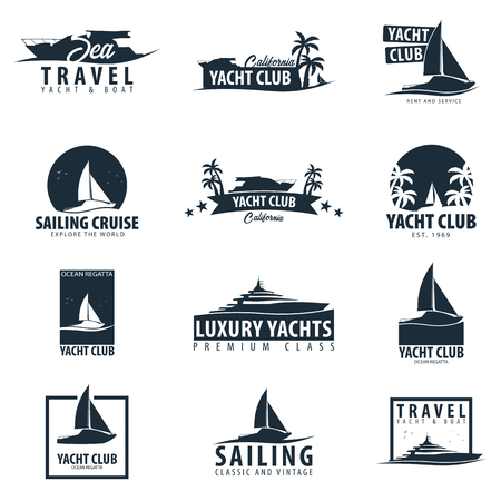 Yacht club and sailing sport emblems and design elements. Sea travel. Vector illustrationのイラスト素材
