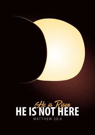 He is Risen. Celebrate the savior. Easter Church poster with open tomb, christian motive. Vector illustrationのイラスト素材