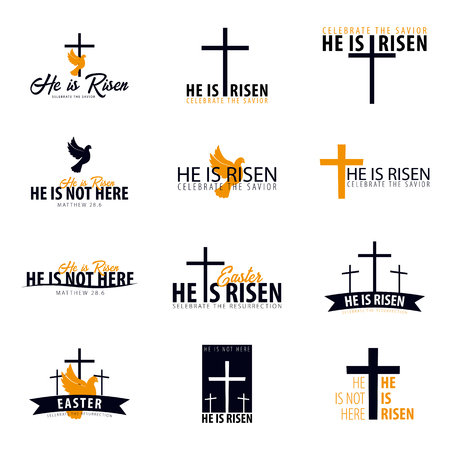 He is Risen. Church easter icon, emblem, labels or stickers with dove and cross. Vector graphics setの写真素材