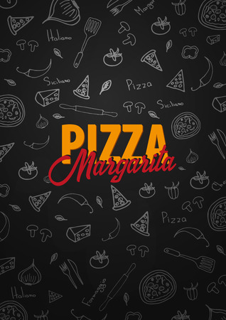 Pizza food menu for restaurant and cafe with related icons in the background.のイラスト素材