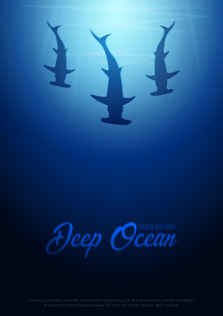Underwater background with sun rays and silhouettes of hammerhead sharks.のイラスト素材