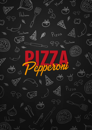 Pizza food menu for restaurant and cafe. Design template with hand-drawn graphic elements in doodle style. Vector Illustrationのイラスト素材