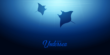 Underwater background with sun rays and silhouette of stingray or manta ray. Deep Ocean banner. Color vector illustrationの写真素材