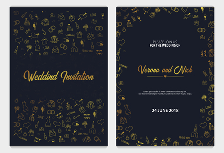 Set of Wedding Invitations tamplate with doodle elements on a background. Save the date cards. Vector illustrationのイラスト素材