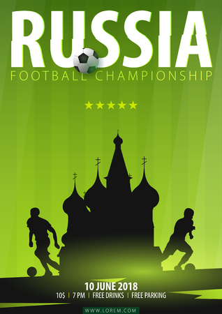 Football or Soccer design poster with hand draw doodle elements on a background and football player silhouette. Soccer championship 2018. Vector illustrationのイラスト素材