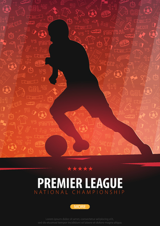 Football or Soccer design poster with hand draw doodle elements on a background and football player silhouette. Soccer championship. Vector illustrationのイラスト素材