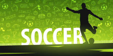 Football or Soccer design banner with hand draw doodle elements and football player silhouette. Soccer championship. Vector illustrationのイラスト素材