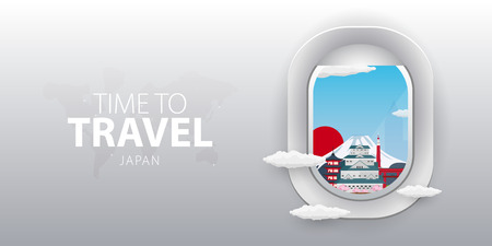 View from airplane. Flight window. Japan. Flat web vector bannerの写真素材