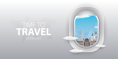 View from airplane. Flight window. Germany. Flat web vector bannerのイラスト素材
