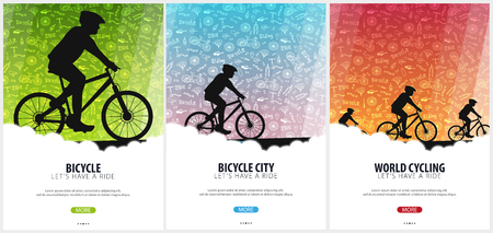 Set of Bicycle riding poster with doodle background. Sport, active lifestyle. Vector illustrationのイラスト素材