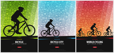 Set of Bicycle riding poster with doodle background. Sport, active lifestyle. Vector illustrationのイラスト素材