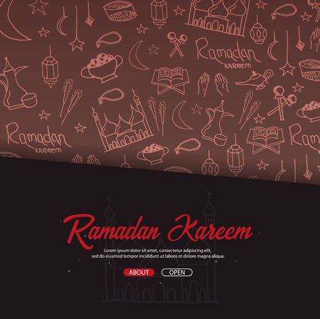 Illustration of Ramadan Kareem with hand draw doodle background for the celebration of Muslim community festivalのイラスト素材