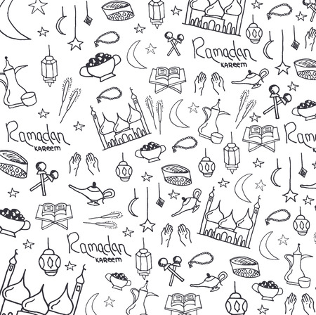 Illustration of Ramadan Kareem with hand draw doodle backgroundのイラスト素材