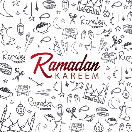 Illustration of Ramadan Kareem with hand draw doodle background for the celebration of Muslim community festivalのイラスト素材