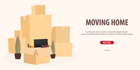Moving Home, We are moved. Moving Truck with Boxes. Vector cartoon style illustrationの写真素材