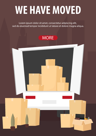 Moving Home, We are moved. Moving Truck with Boxes. Vector cartoon style illustrationの写真素材