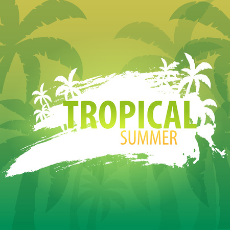 Summer tropical background with palms and sunset. Summer placard poster flyer invitation card. Summer time. Vector Illustrationのイラスト素材