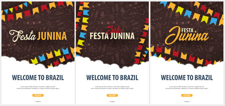Set of Festa Junina backgrounds with hand draw doodle elements and party flags. Brazil or Latin American holiday. Vector illustrationのイラスト素材