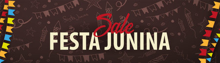 Festa Junina background with hand draw doodle elements and party flags. Brazil or Latin American holiday. Vector illustrationのイラスト素材