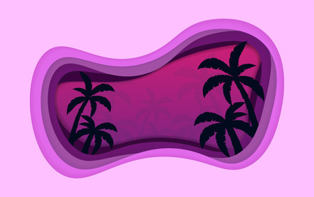 Summer Time banner with palms. Paper cut and craft style. Vector illustrationのイラスト素材