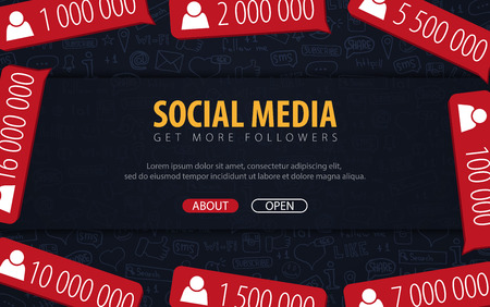 Get more Followers. Social Media banners with hand draw doodle background. Vector illustrationのイラスト素材