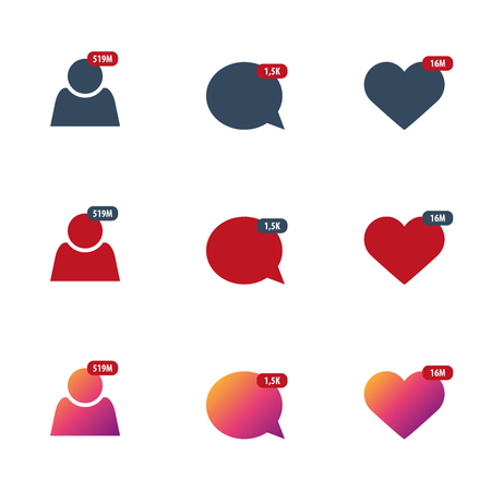 Set of Like, Comment, Follower isolated counter notification. Flat Social Media Sign. Vector illustrationのイラスト素材