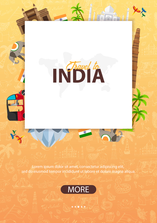 India travel banner. Indian Hand drawn doodles on background. Vector illustrationのイラスト素材