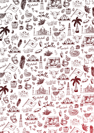 India travel background with indian Hand drawn doodles. Vector illustrationのイラスト素材