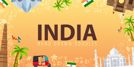 Travel to India. Indian Hand drawn doodles on background. Vector illustrationのイラスト素材