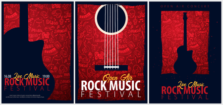 Rock Music Festival. Open Air. Set of Flyers design Template with hand-draw doodle on the backgroundの写真素材