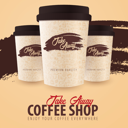 Take Away coffee cup with the hand-draw doodle elements on the background. Coffee banner for adsのイラスト素材