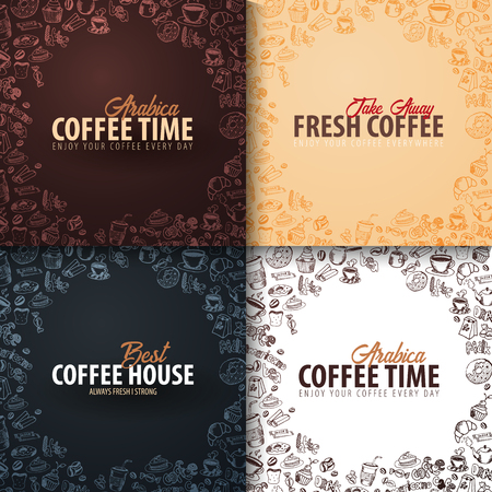 Coffee banner with the hand-draw doodle elements on the background. Coffee template for adsのイラスト素材