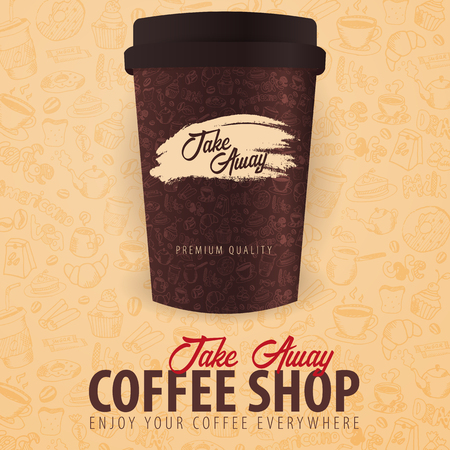 Take Away coffee cup with the hand-draw doodle elements on the background. Coffee banner for adsのイラスト素材