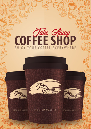 Take Away coffee cup with the hand-draw doodle elements on the background. Coffee poster for adsのイラスト素材