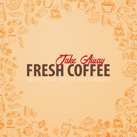 Coffee banner with the hand-draw doodle elements on the background. Coffee template for adsのイラスト素材