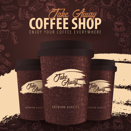 Take Away coffee cup with the hand-draw doodle elements on the background. Coffee banner for adsのイラスト素材