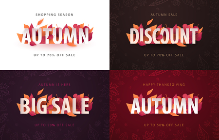 Set of Autumn Backgrounds with leaves for shopping sale, promo poster and frame leaflet, web banner. Vector illustration templateの写真素材