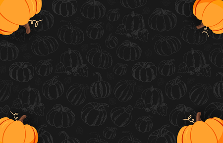Autumn on the dark background with Hand-draw Pumpkins. Thanksgiving day. For shopping sale, promo poster and frame leaflet, web banner. Vector illustration templateの写真素材