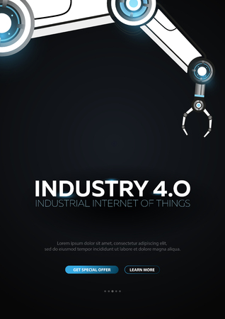 Industry 4.0 banner with robotic arm. Smart industrial revolution, automation, robot assistants. Vector illustrationのイラスト素材