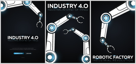 Set of Industry 4.0 banners with robotic arm. Smart industrial revolution, automation, robot assistants. Vector illustrationのイラスト素材